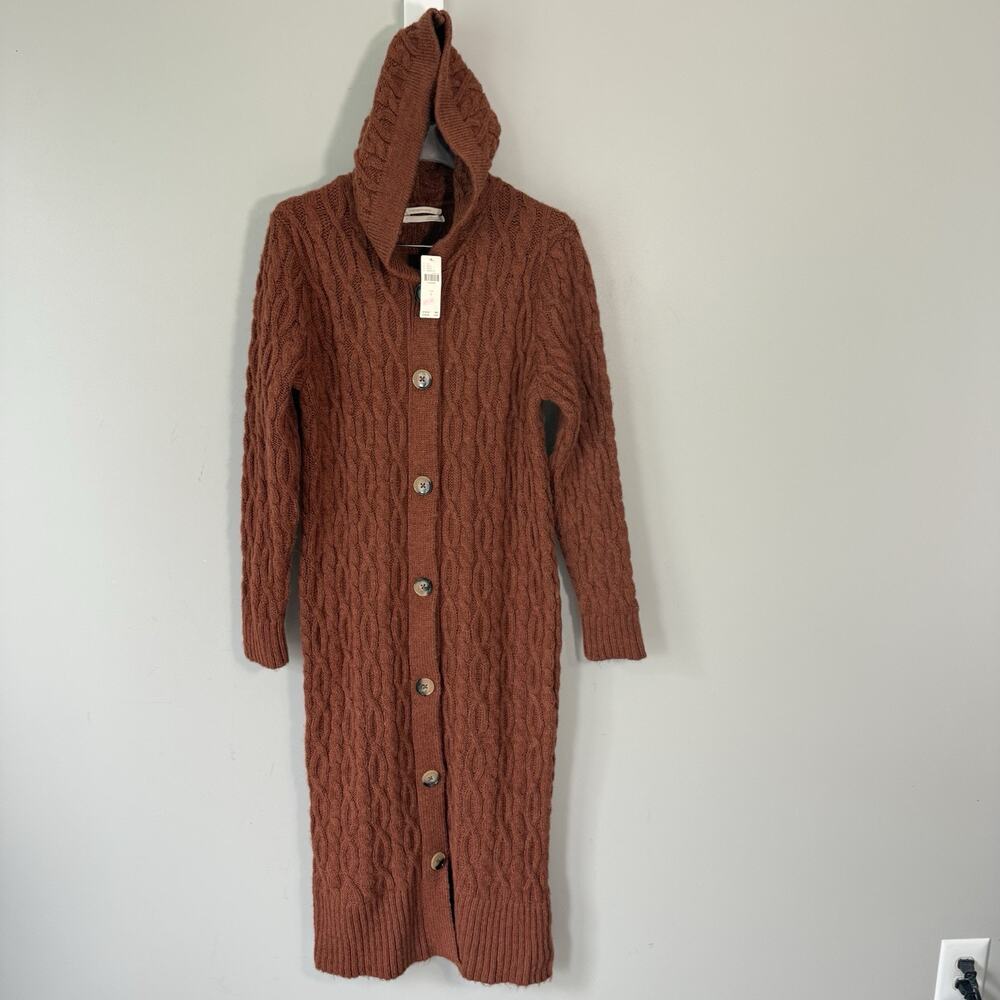 Anthropologie Long Sweater S Rust Brown Hooded Cable Knit Cardigan Duster NEW